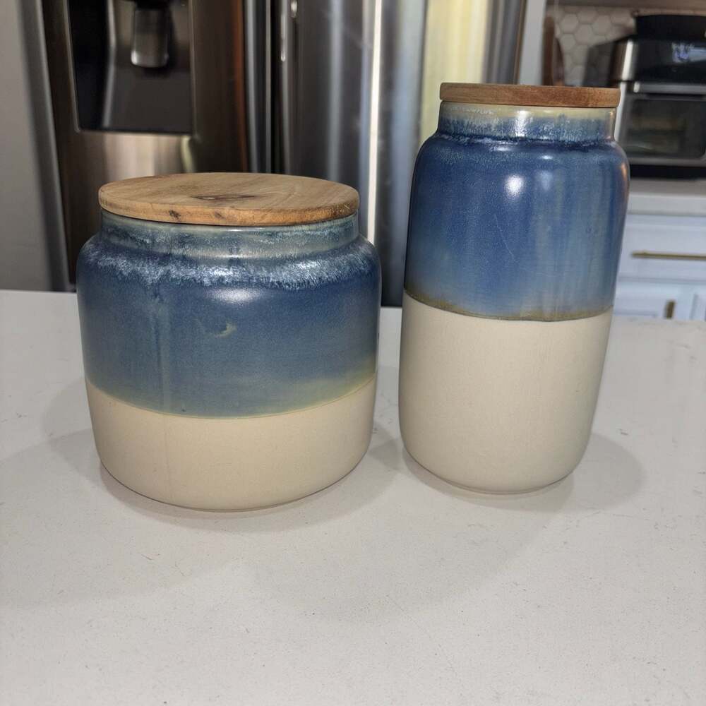 Set of 2 World Market Blue and Cream Ceramic Canisters Wooden Lids